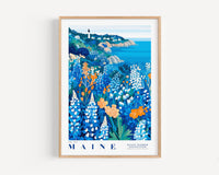 The image is a framed poster depicting a scenic coastal landscape with a lighthouse, cliffs, and a body of water.