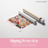 a poster of a colorful floral pattern, along with a roll of paper and a cardboard tube, all placed on a white background.