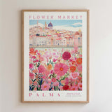 The image is a framed poster depicting a cityscape with a flower market in the foreground.