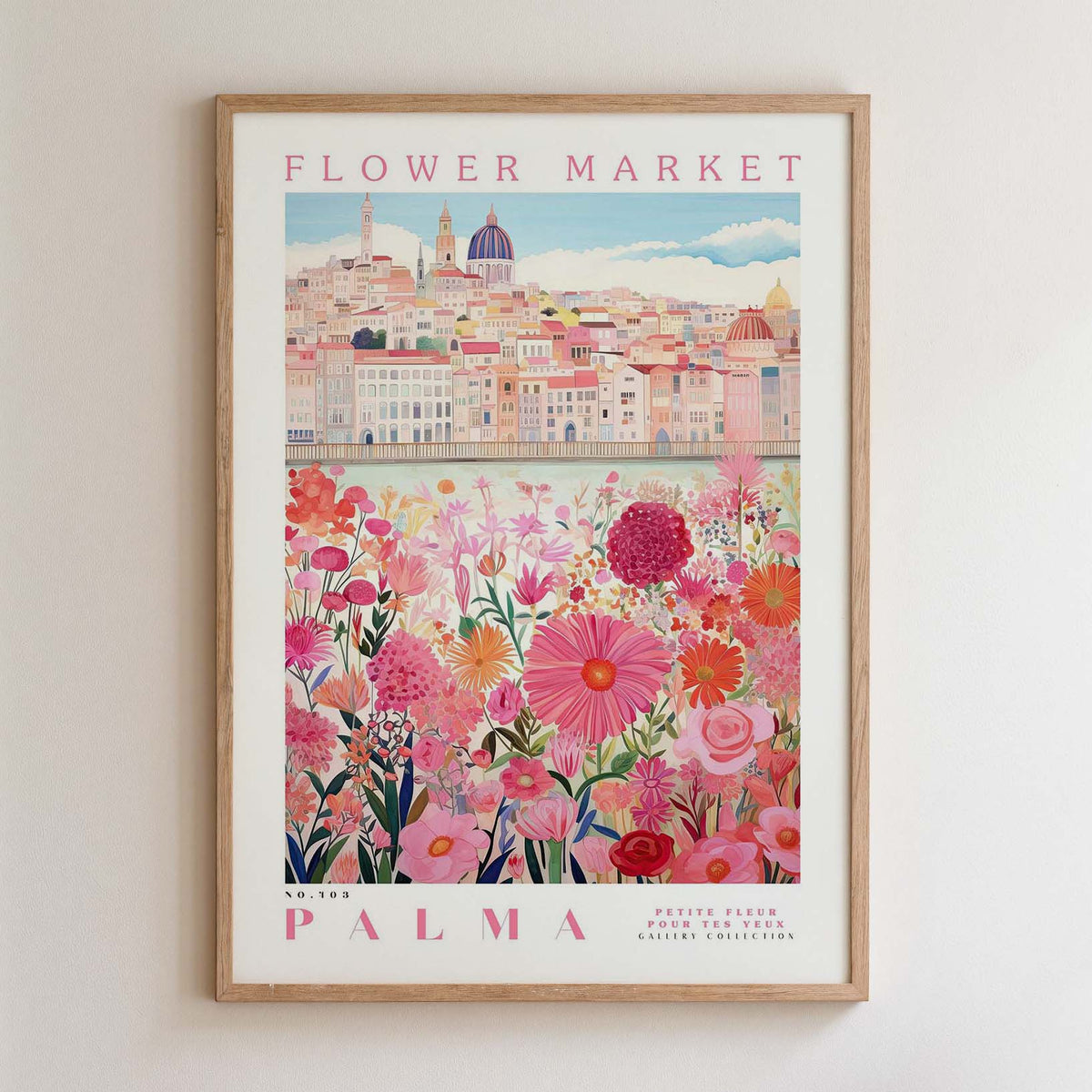 The image is a framed poster depicting a cityscape with a flower market in the foreground.