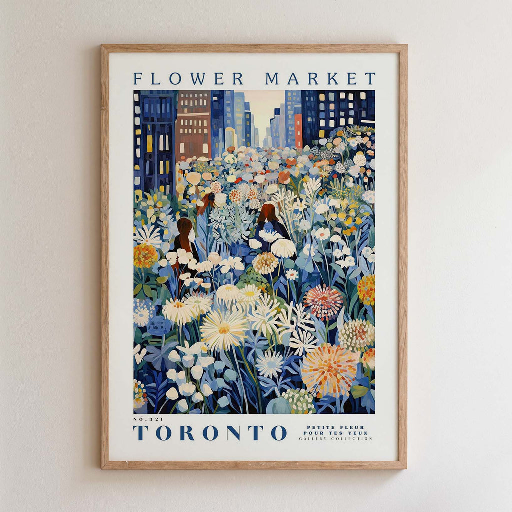 The image is a framed poster depicting a vibrant and colorful flower market in Toronto, Canada.