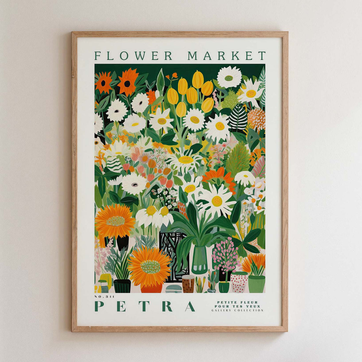 The image is a framed poster depicting a vibrant and colorful flower market.