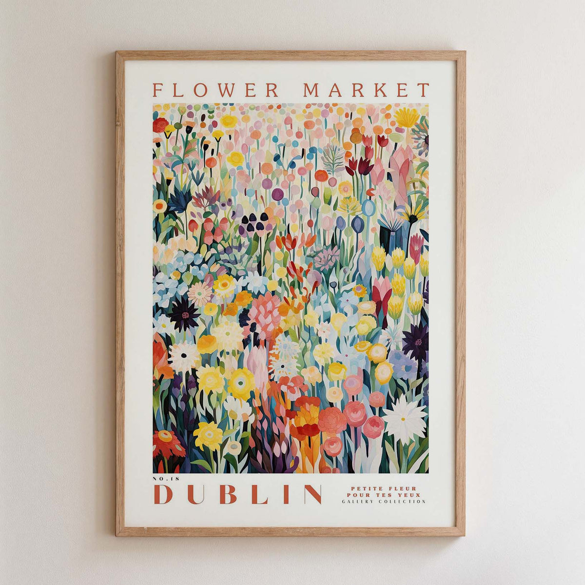 The image is a framed poster of a colorful floral arrangement, depicting a variety of flowers and plants.