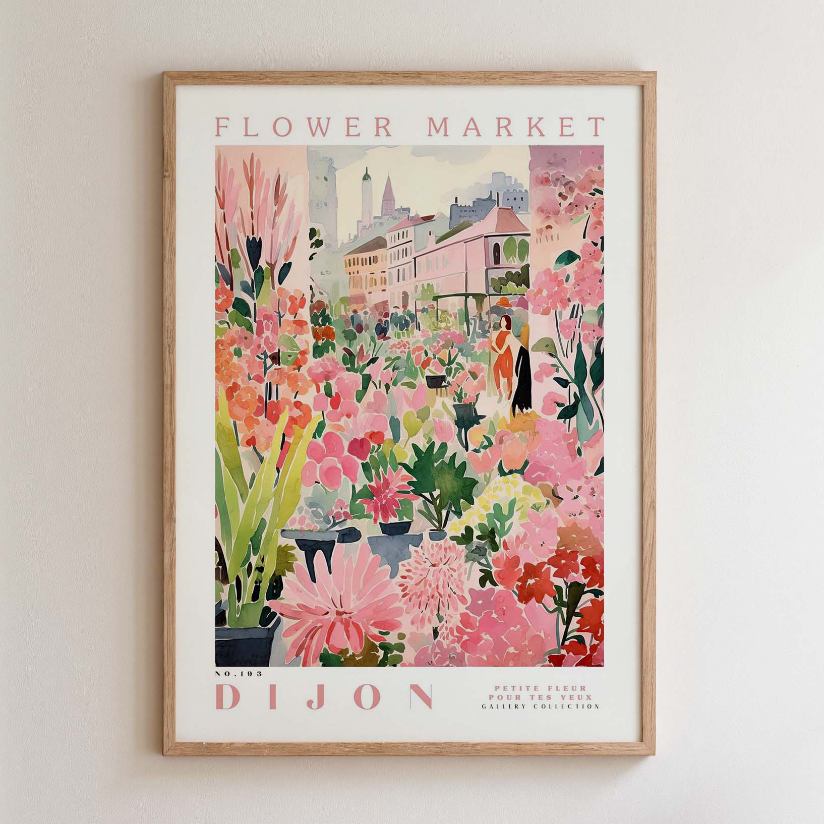 The image is a framed poster depicting a vibrant and colorful flower market scene.