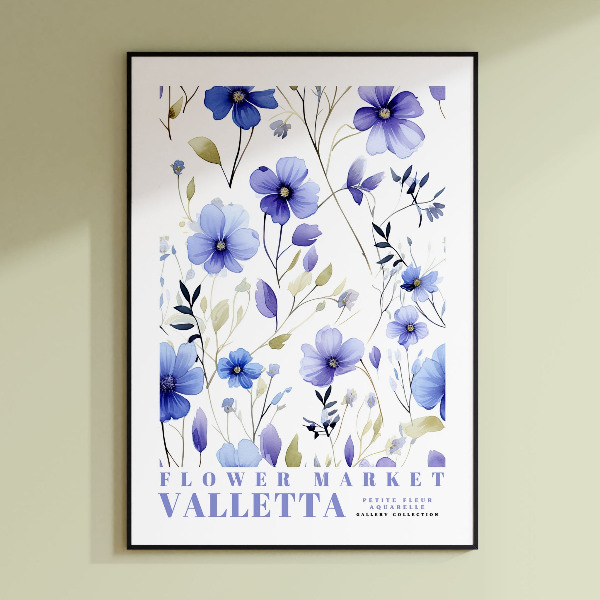 a blue flower market poster hanging on a wall