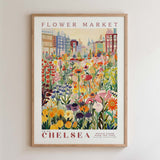 The image is a framed poster depicting a vibrant and colorful flower market in Chelsea, London.