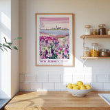 a kitchen scene with a framed poster of a field of flowers hanging on the wall, a wooden counter with a bowl of lemons, and shelves displaying various jars and containers.