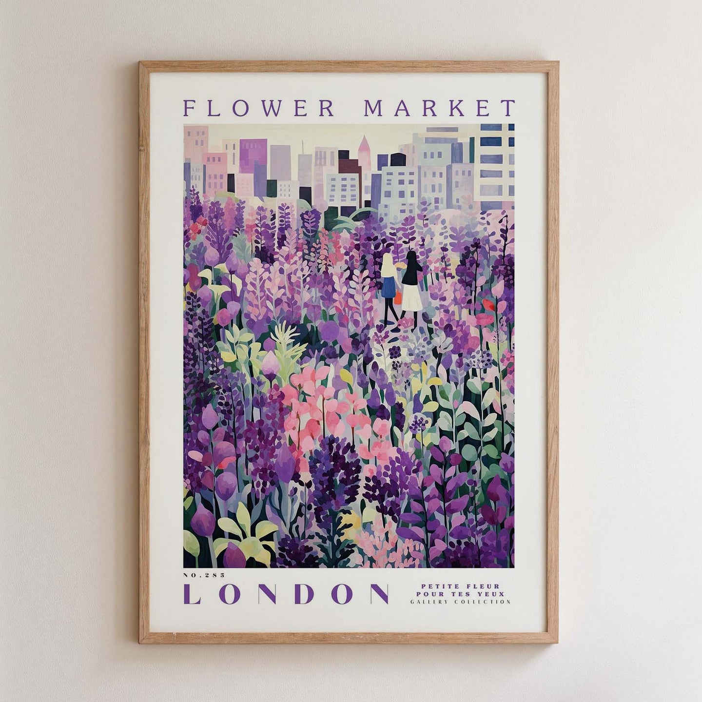The image is a framed poster depicting a vibrant and colorful flower market in London.