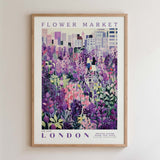 The image is a framed poster depicting a vibrant and colorful flower market in London.