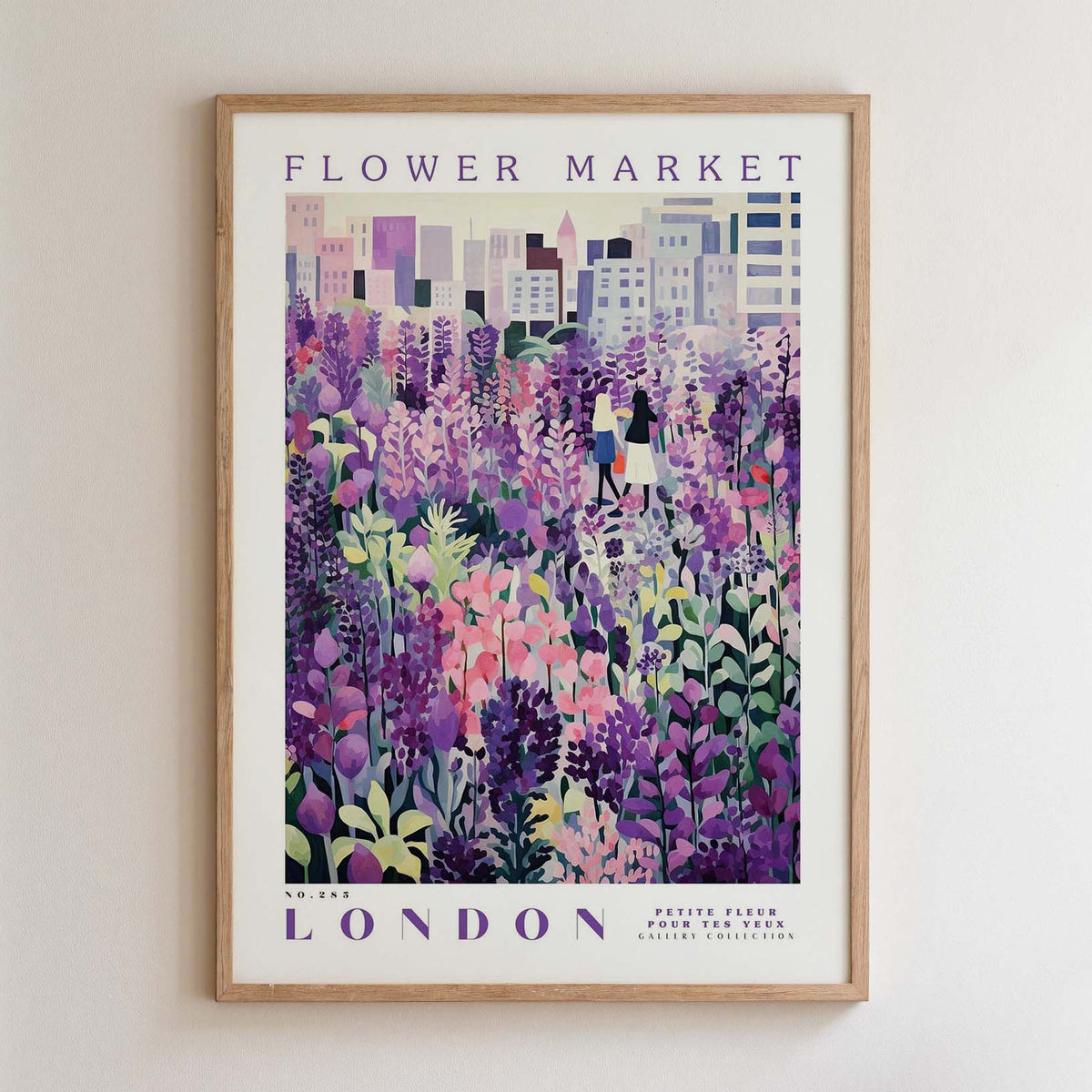 The image is a framed poster depicting a vibrant and colorful flower market in London.