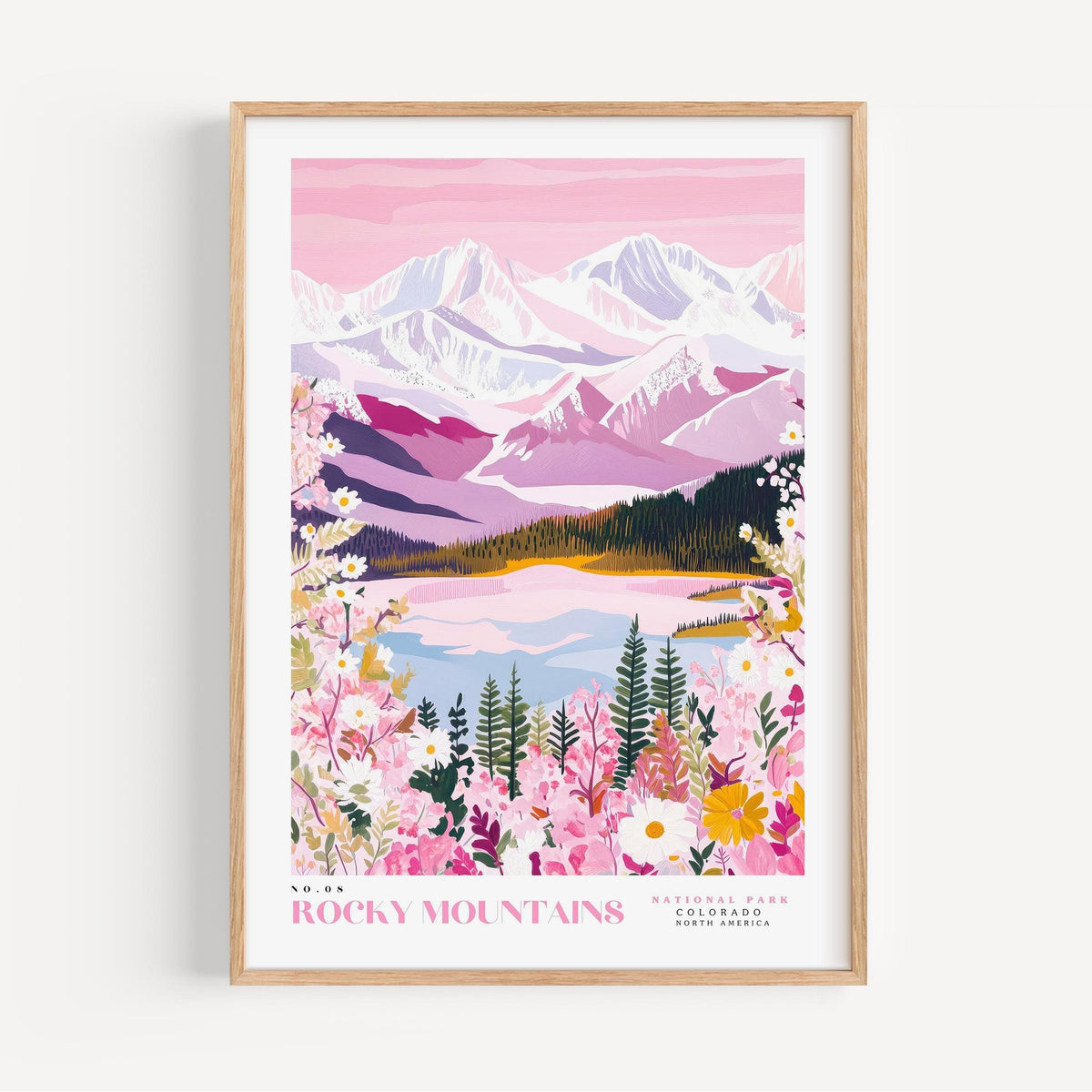 The image is a framed poster depicting a scenic landscape with mountains, a lake, and colorful flowers.