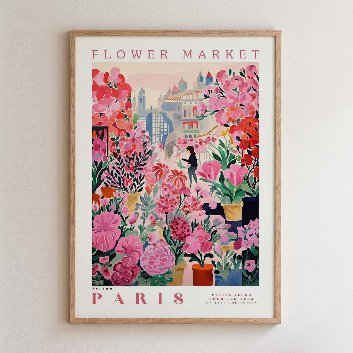 The image is a framed poster depicting a vibrant and colorful flower market in Paris.
