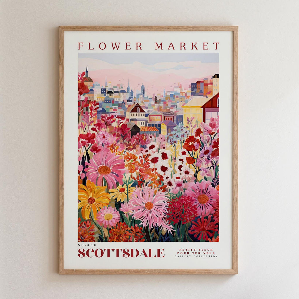 The image is a framed poster depicting a vibrant and colorful flower market in Scottsdale, California.