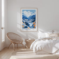 a bedroom with a large framed poster of a mountain landscape hanging on the wall above a bed with white bedding.