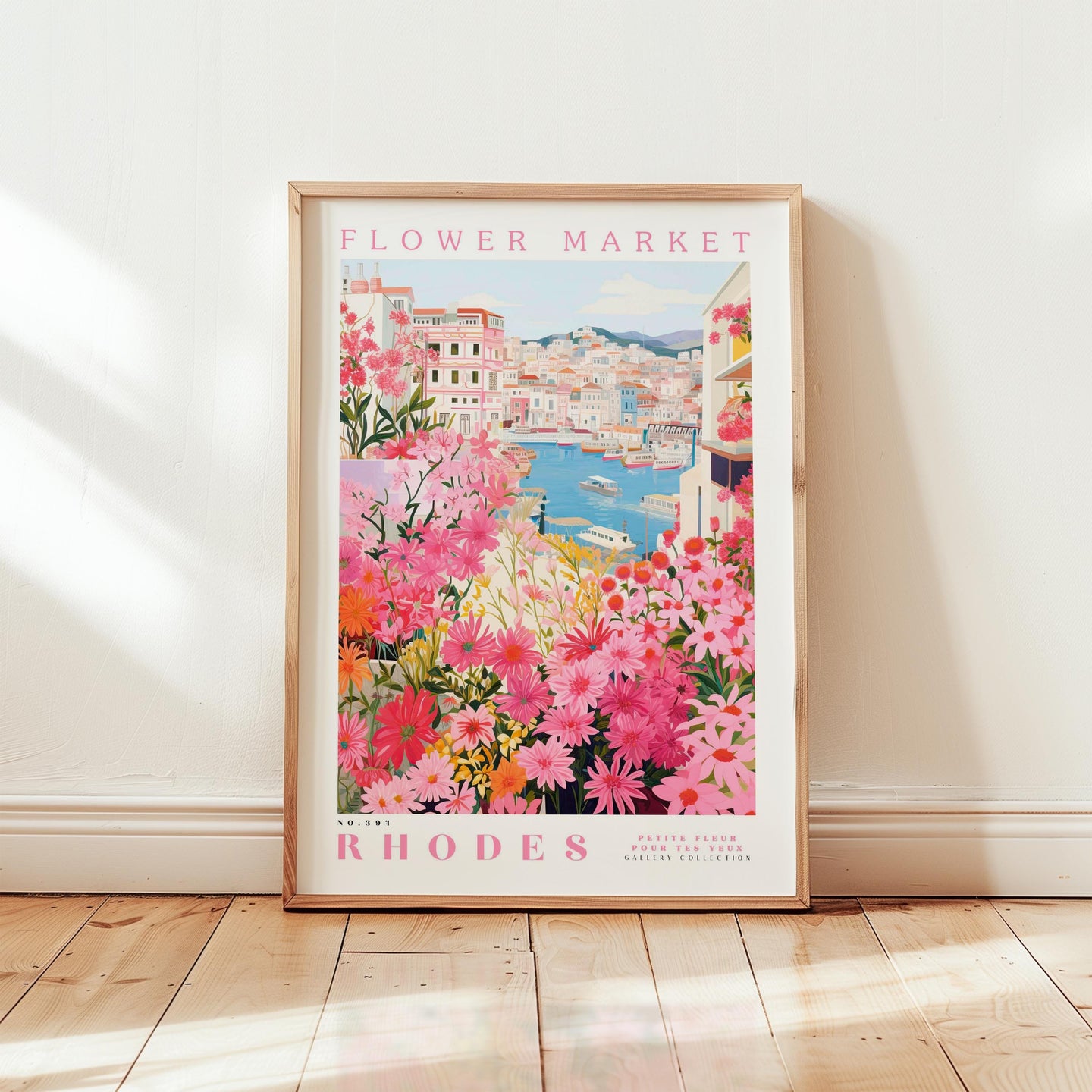 A framed poster of a flower market in Rhodes, Greece, featuring a colorful and vibrant illustration of the market with pink and orange flowers, boats, and buildings.