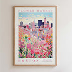 The image is a framed poster depicting a cityscape with a flower market in the foreground.