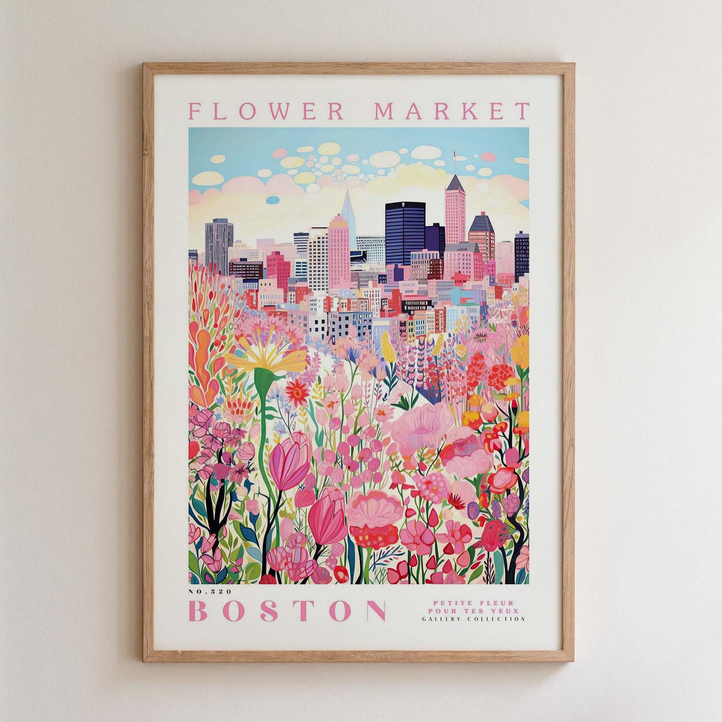 The image is a framed poster depicting a cityscape with a flower market in the foreground.