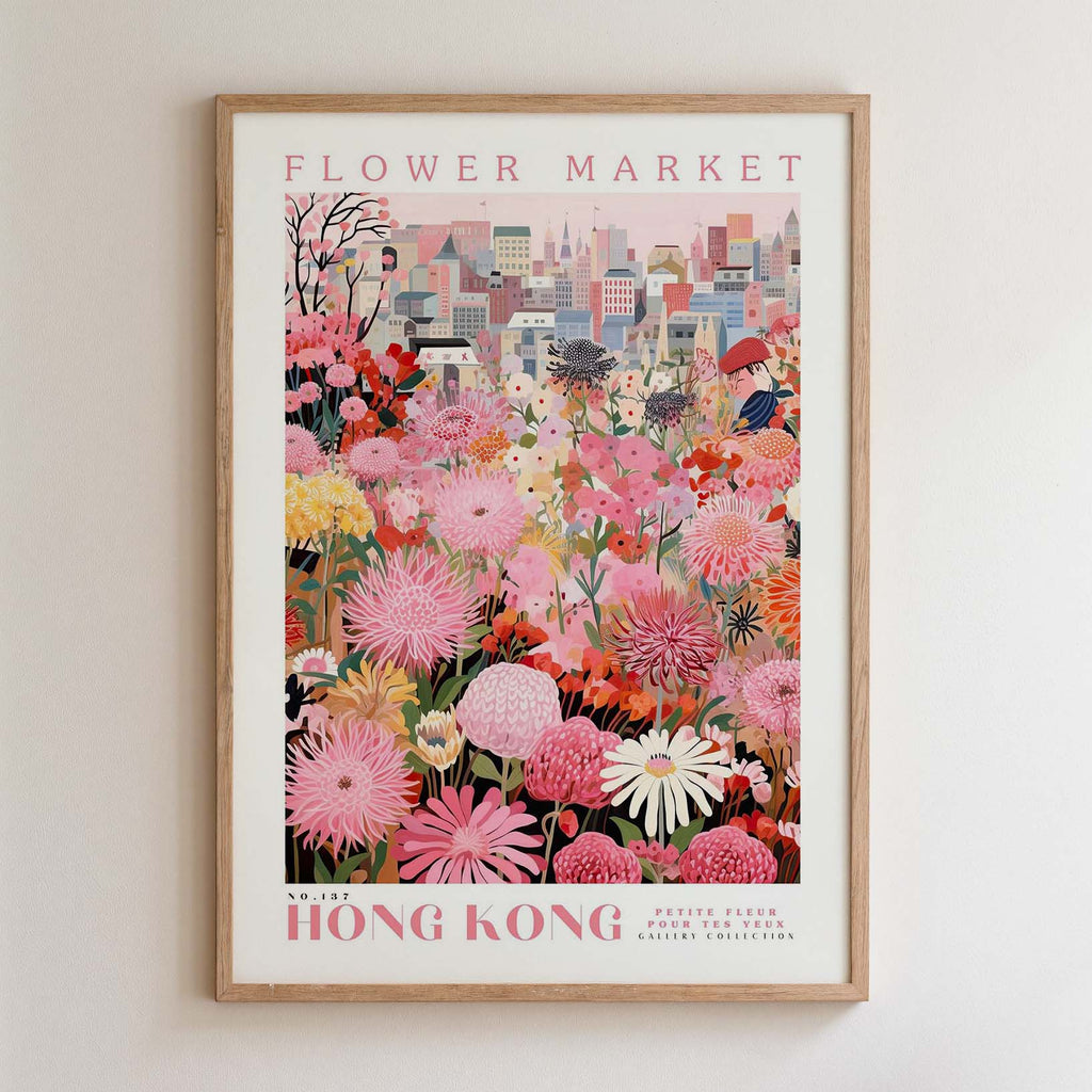 The image is a framed poster depicting a vibrant and colorful flower market in Hong Kong.
