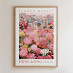 The image is a framed poster depicting a vibrant and colorful flower market in Hong Kong.