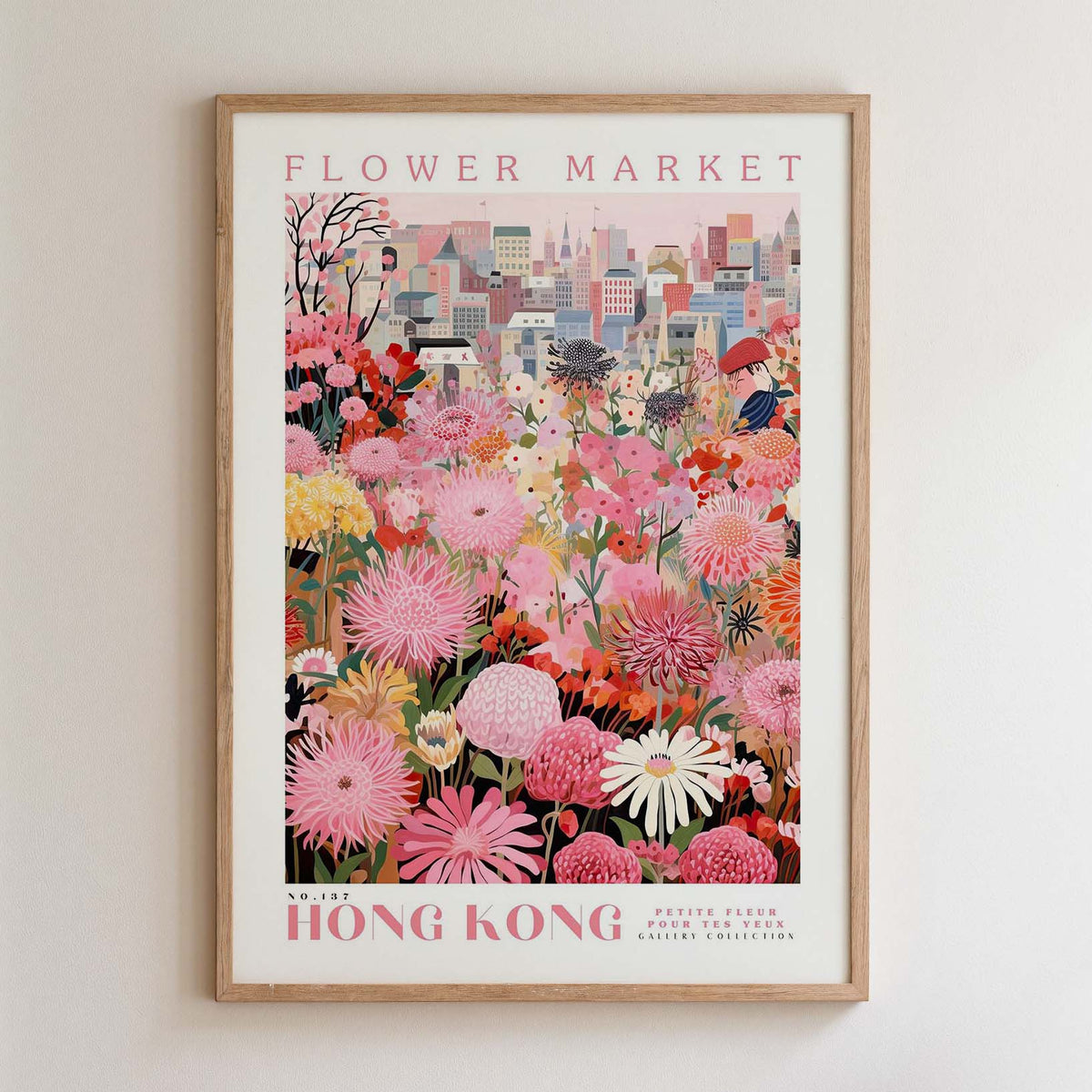 The image is a framed poster depicting a vibrant and colorful flower market in Hong Kong.