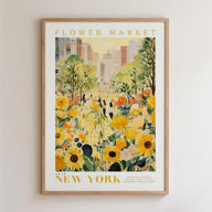 The image is a framed poster depicting a vibrant and colorful scene of a flower market in New York.