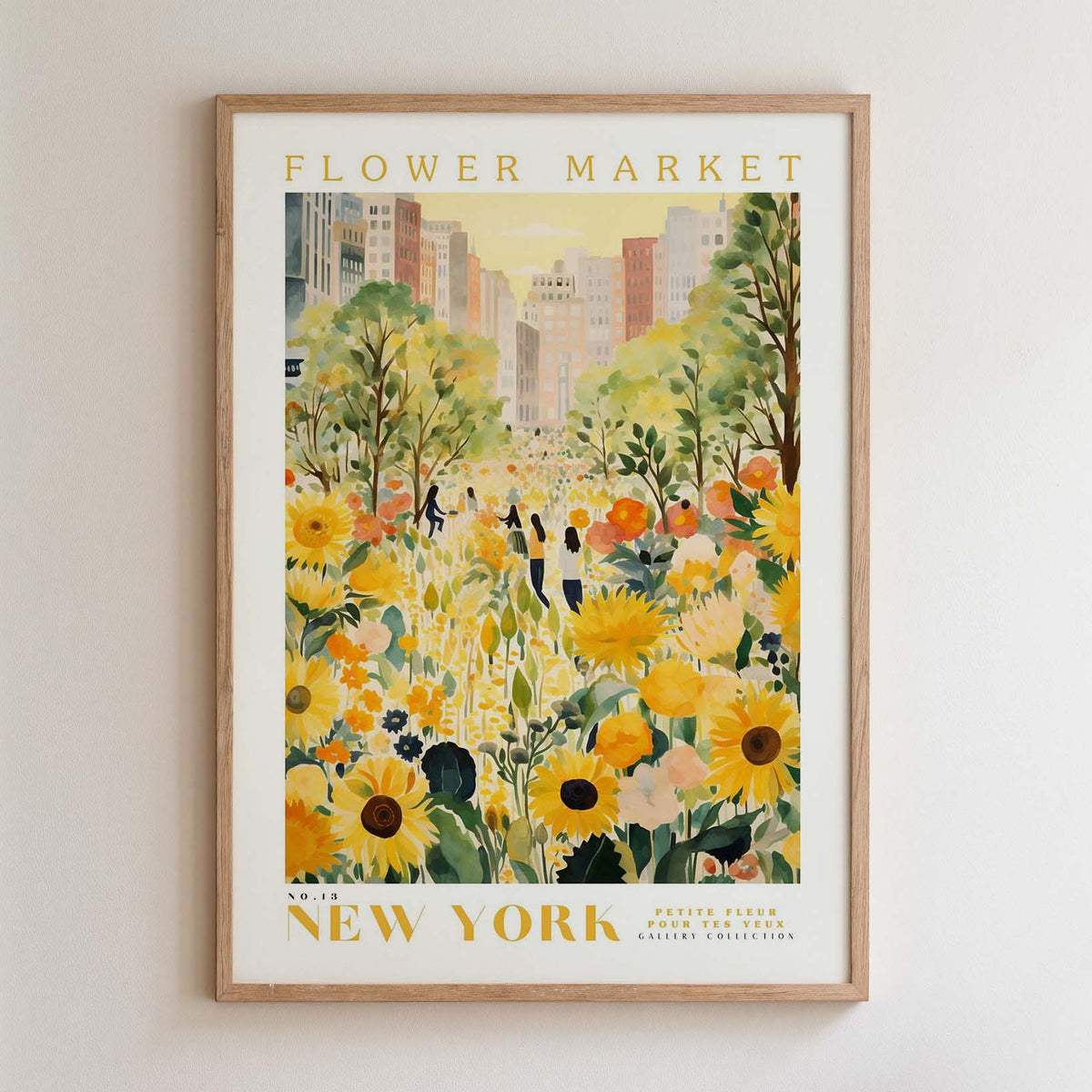 The image is a framed poster depicting a vibrant and colorful scene of a flower market in New York.