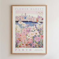 The image is a framed poster depicting a cityscape with a flower market in the foreground.