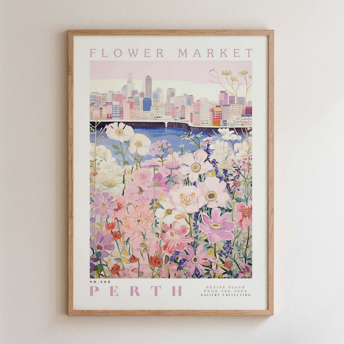 The image is a framed poster depicting a cityscape with a flower market in the foreground.