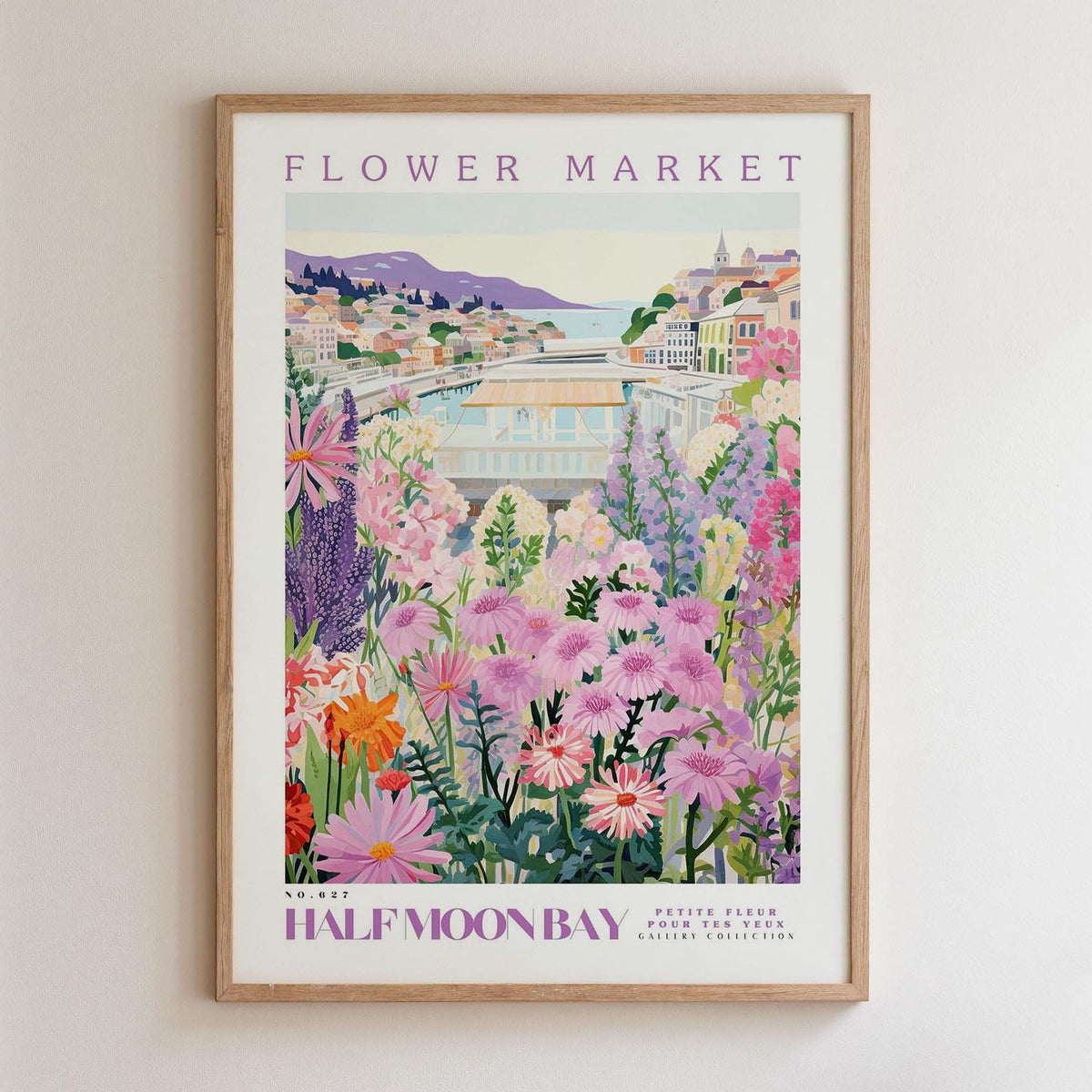 The image is a framed poster depicting a vibrant and colorful flower market in Half Moon Bay, California.