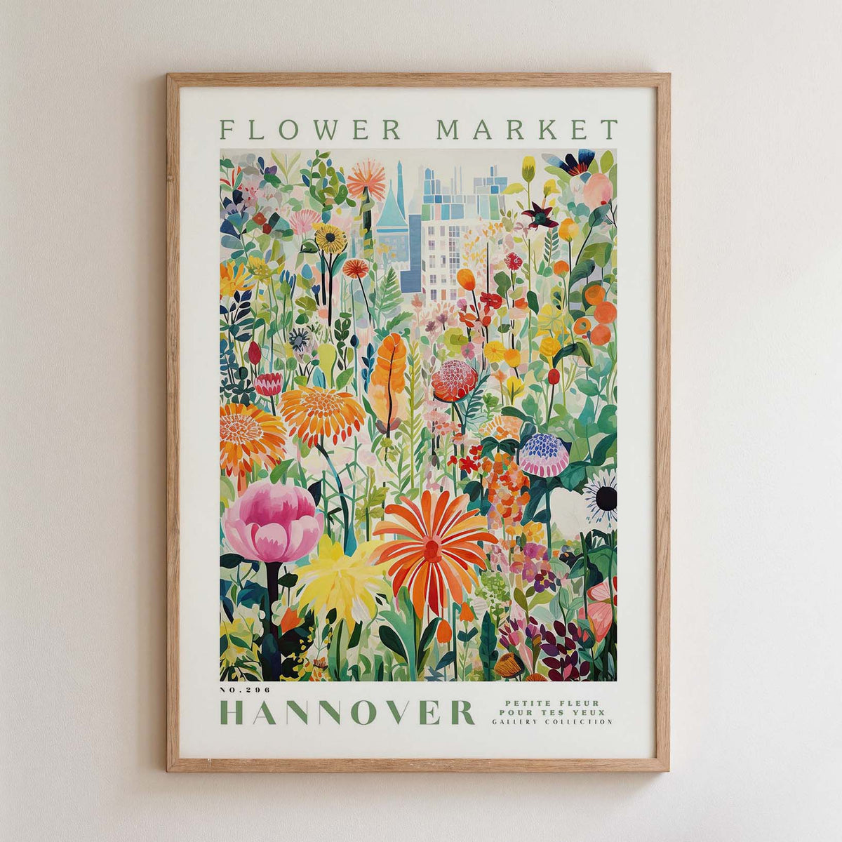 The image is a framed poster depicting a vibrant and colorful flower market scene.