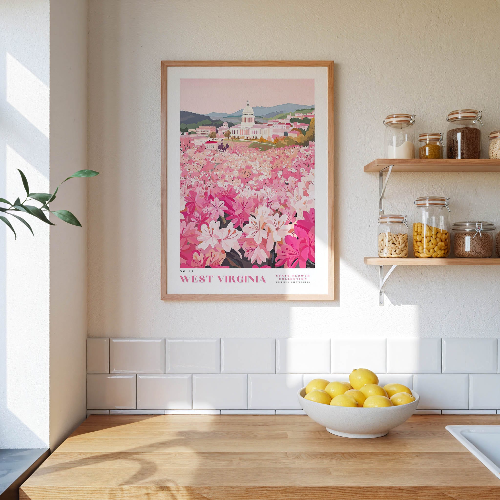 a kitchen counter with a bowl of lemons, a framed poster of a pink flower field, and a shelf with jars and containers.