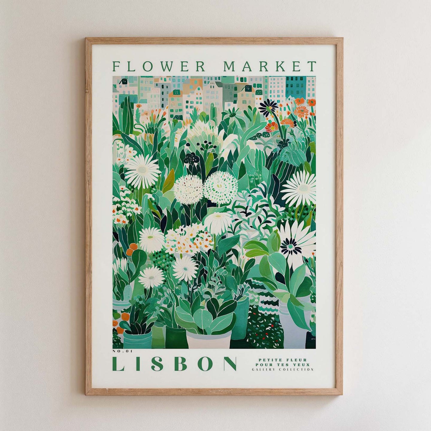 The image is a framed poster depicting a vibrant and lush flower market in Lisbon, Portugal.