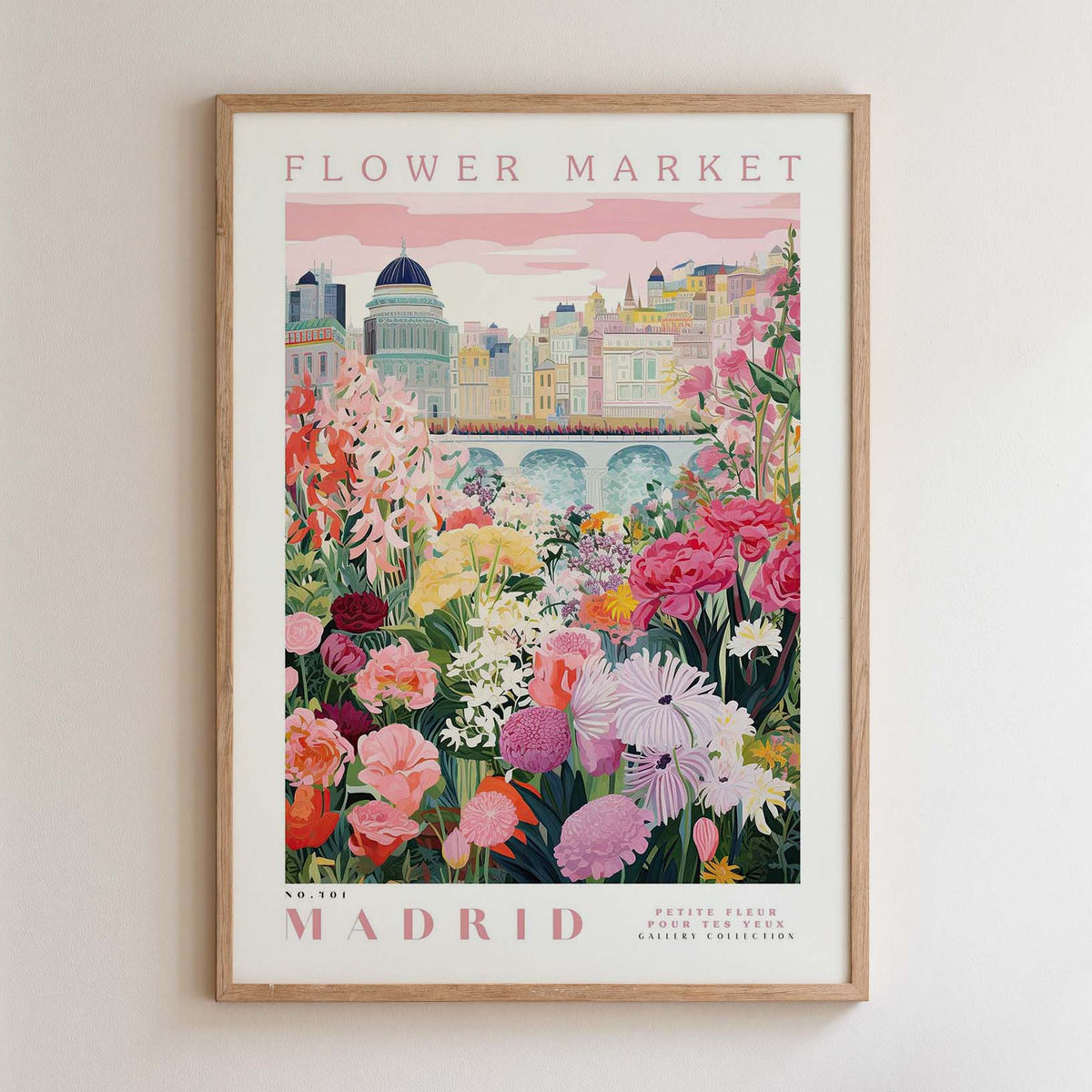 The image is a framed poster depicting a vibrant and colorful flower market in Madrid, Spain.
