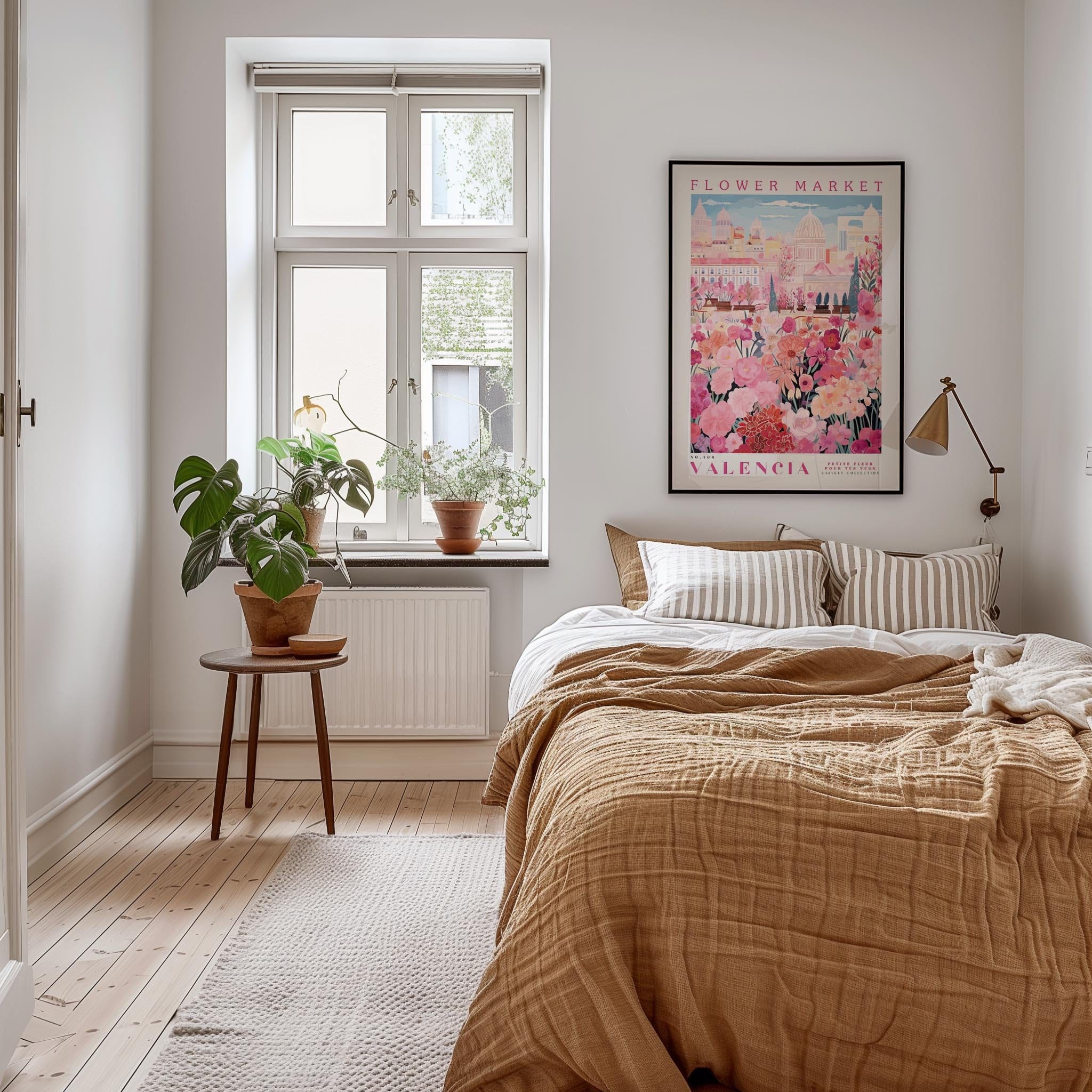 a cozy bedroom with a large bed, a wooden nightstand, and a window with a plant on the sill. The room has a warm, inviting atmosphere with a neutral color palette and natural elements like the potted plant and the rug.