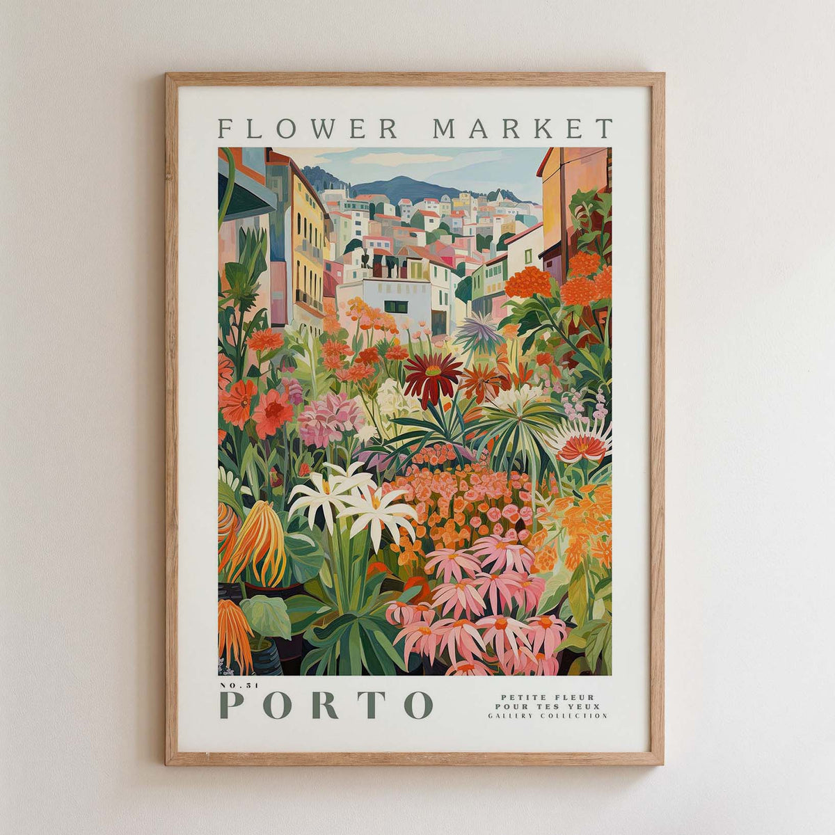The image is a framed poster depicting a vibrant and colorful flower market in Porto, Portugal.