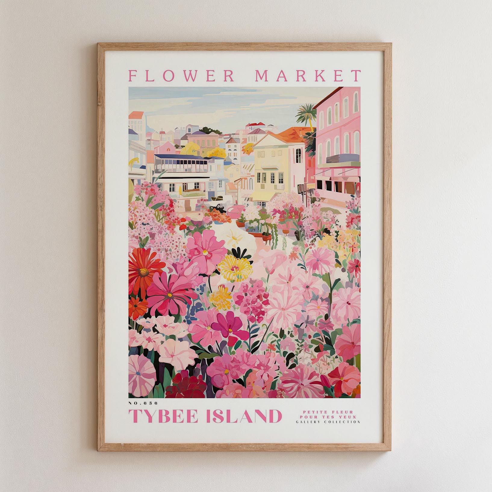 The image is a framed poster depicting a colorful and vibrant flower market in Tybee Island, Portugal.