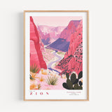 The image is a framed poster depicting a scenic view of the Grand Canyon, with vibrant pink and red rock formations, a winding river, and various desert plants.