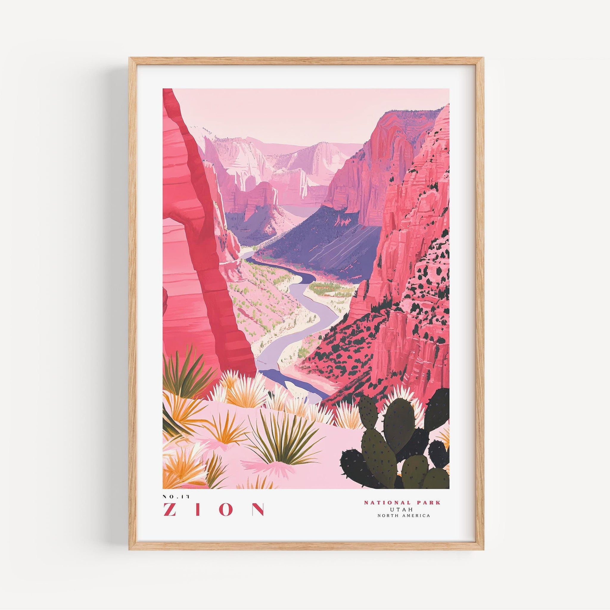The image is a framed poster depicting a scenic view of the Grand Canyon, with vibrant pink and red rock formations, a winding river, and various desert plants.