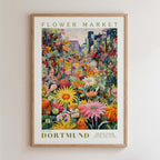 The image is a framed poster depicting a vibrant and colorful flower market in Dortmund, Germany.