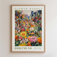 The image is a framed poster depicting a vibrant and colorful flower market in Dortmund, Germany.