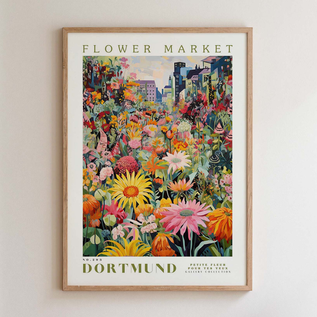 The image is a framed poster depicting a vibrant and colorful flower market in Dortmund, Germany.