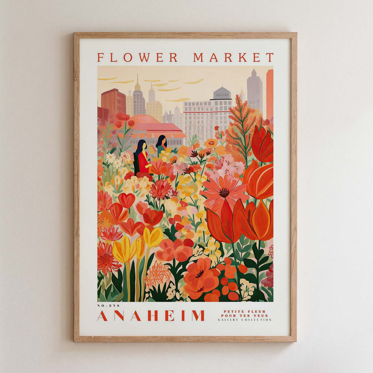 The image is a framed poster depicting a vibrant flower market scene with two women walking through a colorful garden filled with various flowers and plants.