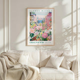 a framed poster of a flower market in Greenwich, with a colorful and vibrant illustration of flowers and plants.