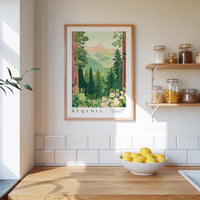 a kitchen counter with a bowl of lemons, a framed poster of a forest scene, and a shelf with jars and bottles.