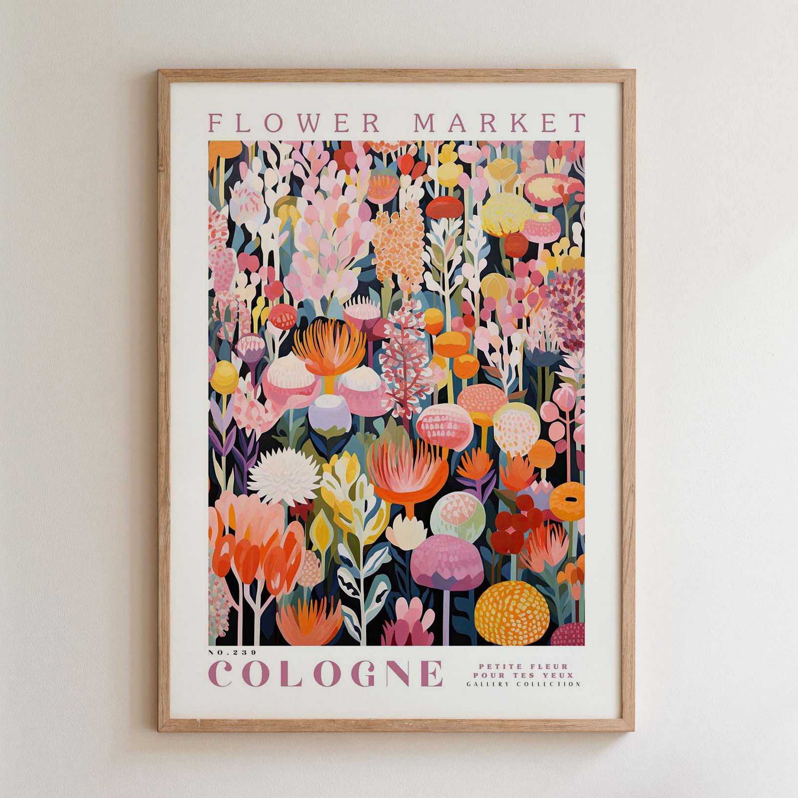 The image is a framed poster of a vibrant floral arrangement, featuring a variety of colorful flowers and plants.