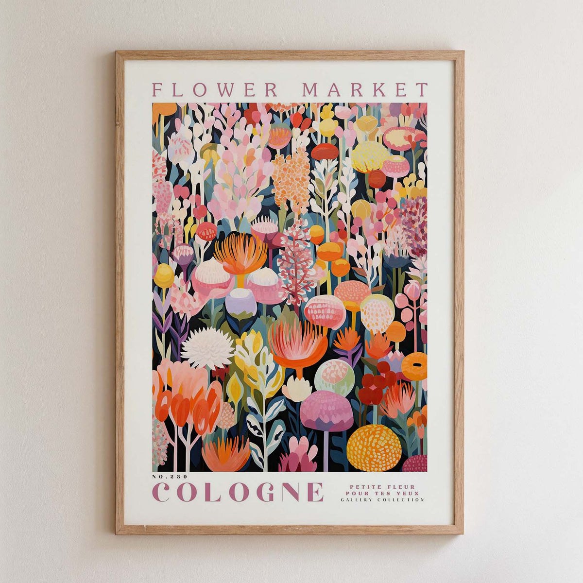 The image is a framed poster of a vibrant floral arrangement, featuring a variety of colorful flowers and plants.
