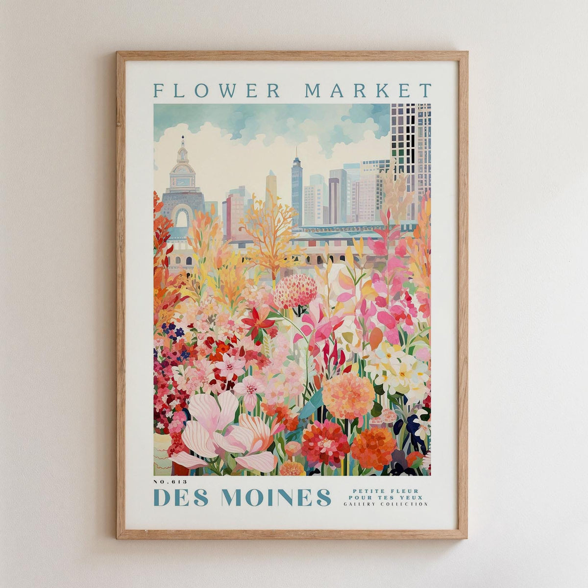 The image is a framed poster depicting a vibrant and colorful flower market in Des Moines, Iowa.