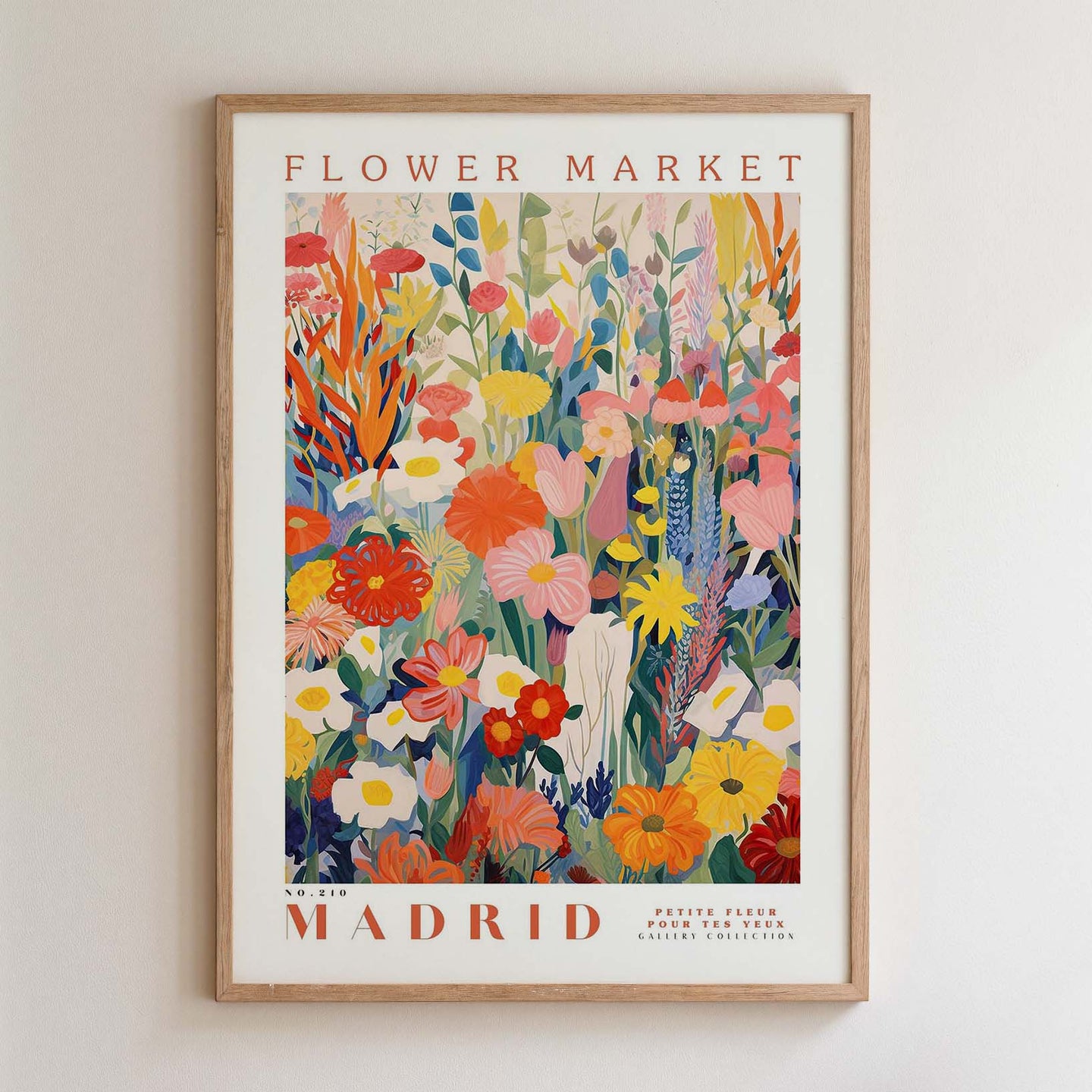 The image is a framed poster of a vibrant and colorful floral arrangement, depicting various flowers and plants in a lively and dynamic composition.