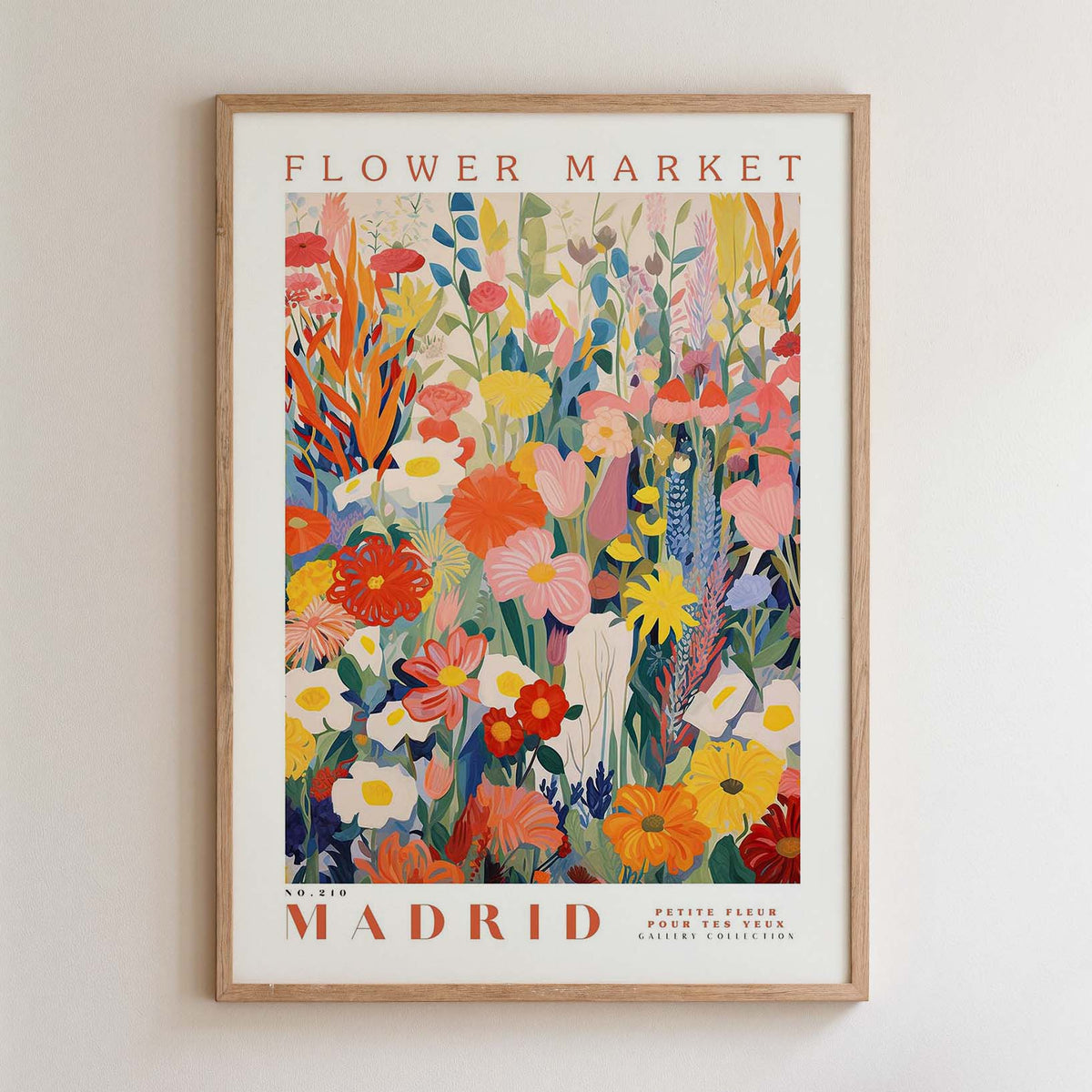 The image is a framed poster of a vibrant and colorful floral arrangement, depicting various flowers and plants in a lively and dynamic composition.