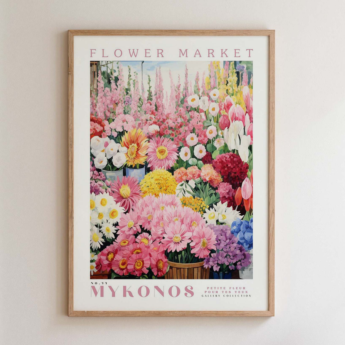 The image is a framed poster depicting a vibrant and colorful flower market, with various types of flowers and plants arranged in an aesthetically pleasing manner.